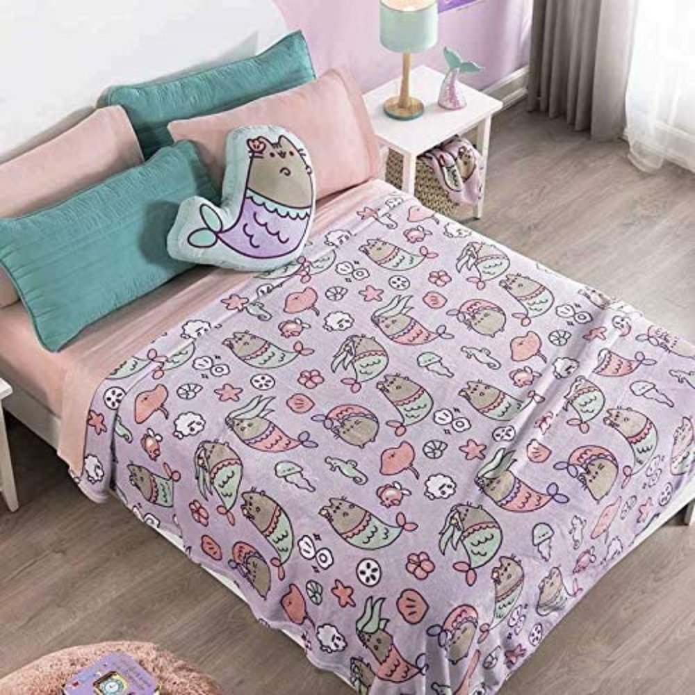 Pusheen The Cat Plush Throw Blanket Super Soft Fluffy Fleece with Mermaid Pillow